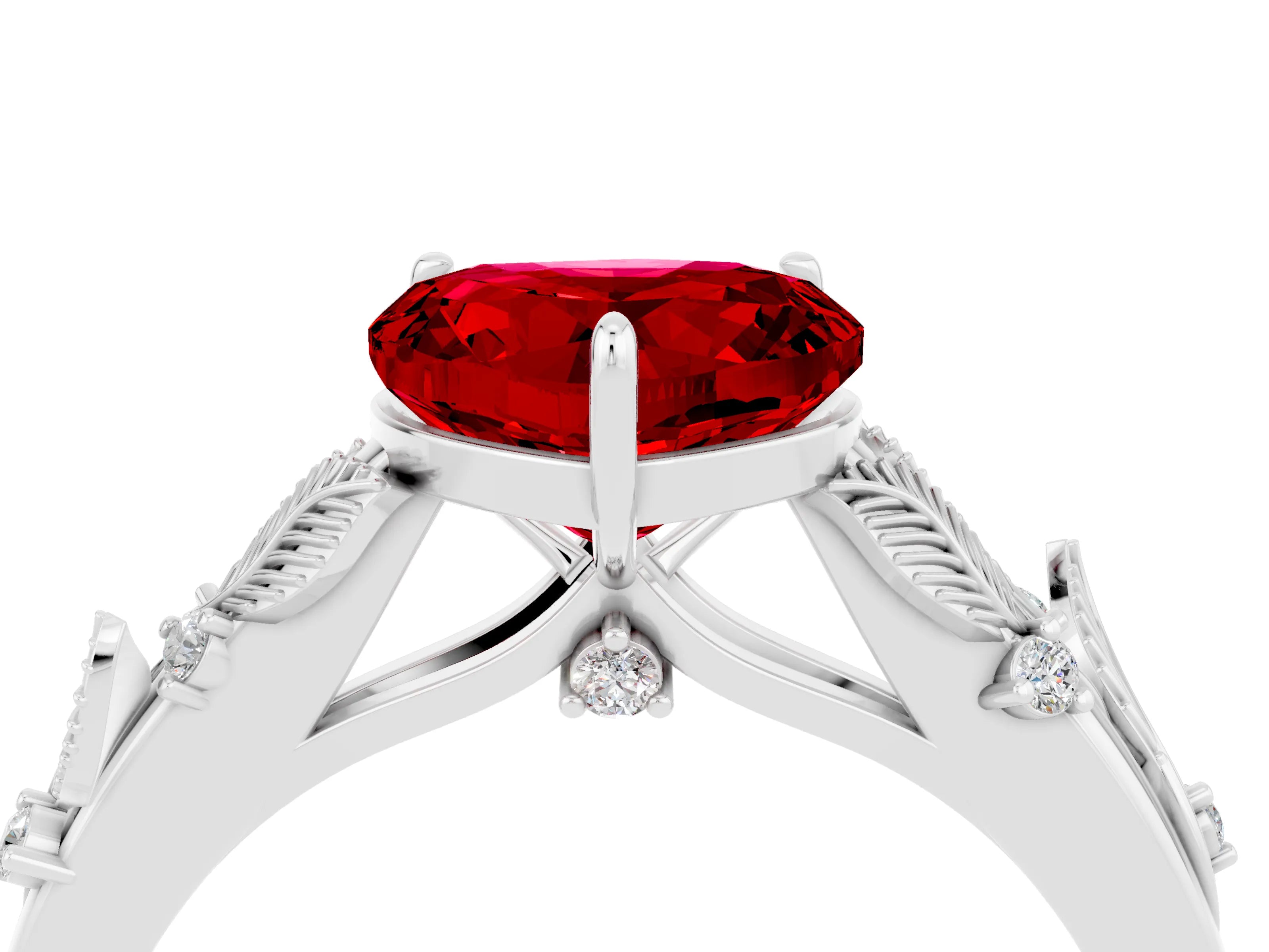 White gold Heart Cut Ruby Solitaire Ring with Leaf Motif Band and Four-Prong Setting_16