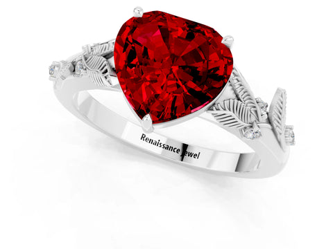 White gold Heart Cut Ruby Solitaire Ring with Leaf Motif Band and Four-Prong Setting_1