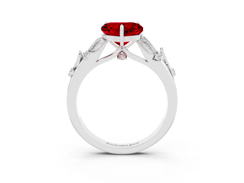 White gold Heart Cut Ruby Solitaire Ring with Leaf Motif Band and Four-Prong Setting_3