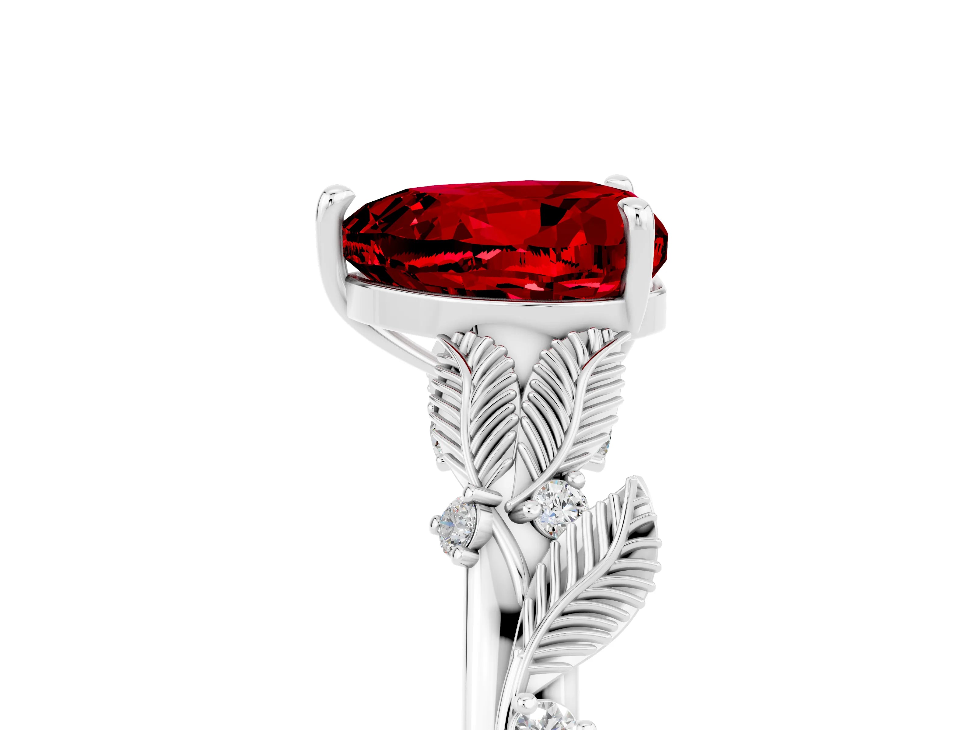 White gold Heart Cut Ruby Solitaire Ring with Leaf Motif Band and Four-Prong Setting_5