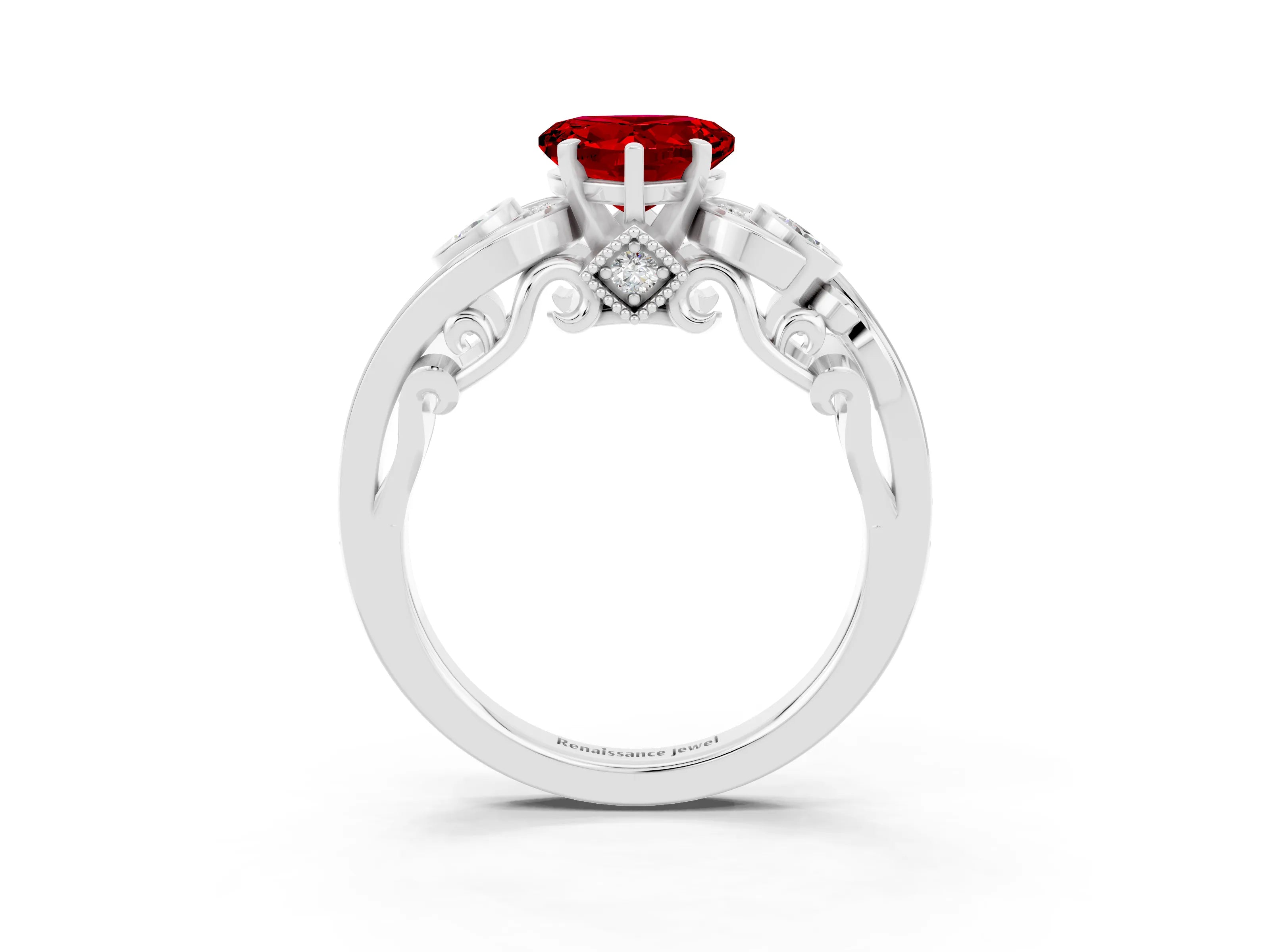 White gold Heart Cut Ruby Solitaire Ring with Milgrain Pavé Band and Four-Prong Setting_15