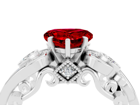 White gold Heart Cut Ruby Solitaire Ring with Milgrain Pavé Band and Four-Prong Setting_16