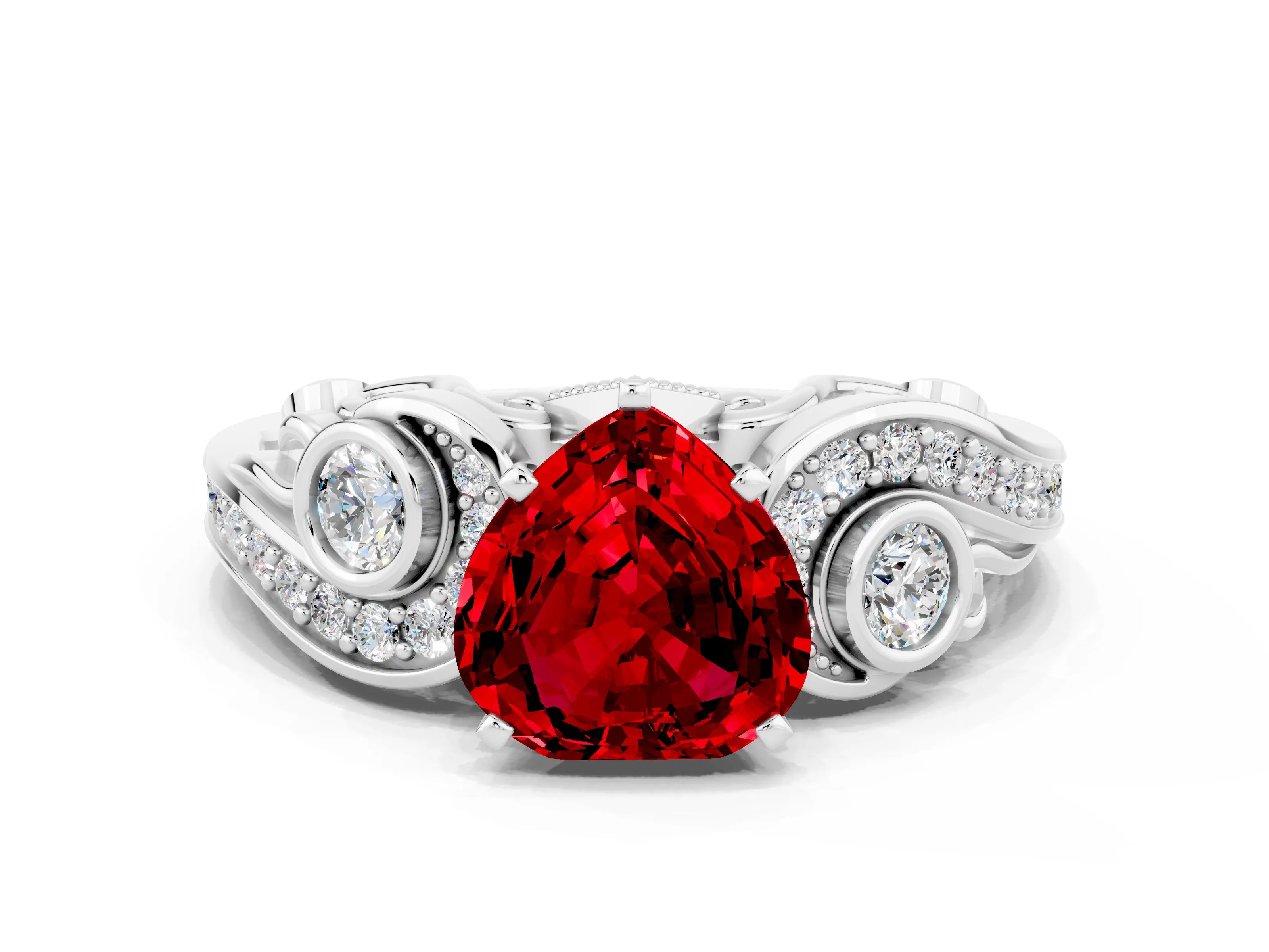 White gold Heart Cut Ruby Solitaire Ring with Milgrain Pavé Band and Four-Prong Setting_48