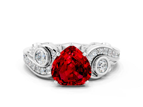 White gold Heart Cut Ruby Solitaire Ring with Milgrain Pavé Band and Four-Prong Setting_48