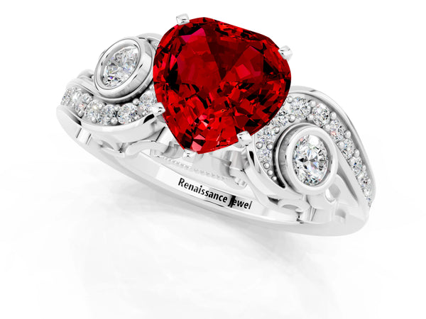 White gold Heart Cut Ruby Solitaire Ring with Milgrain Pavé Band and Four-Prong Setting