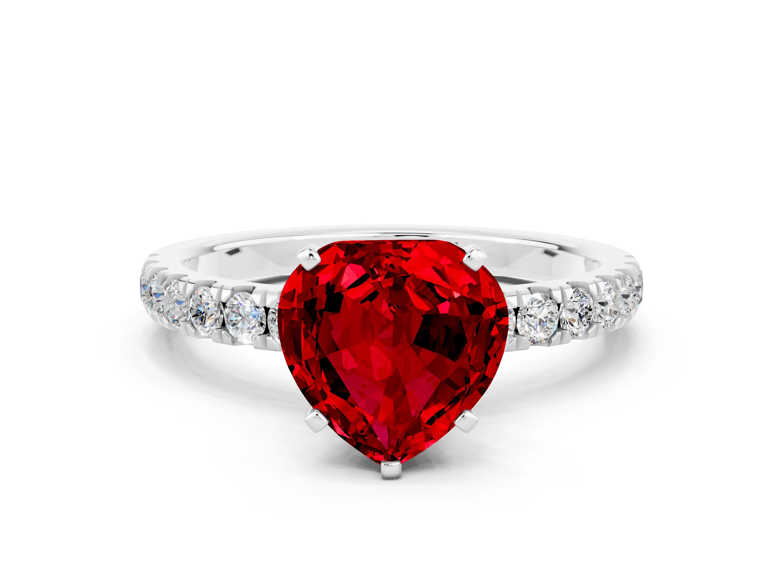 White gold Heart Cut Ruby Solitaire Ring with Pavé Accents and Four-Prong Setting
