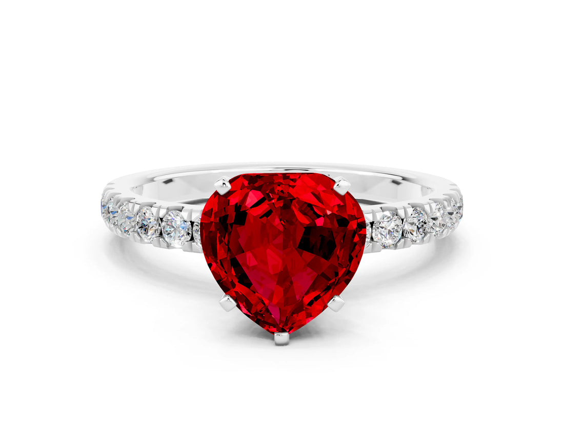 White gold Heart Cut Ruby Solitaire Ring with Pavé Accents and Four-Prong Setting