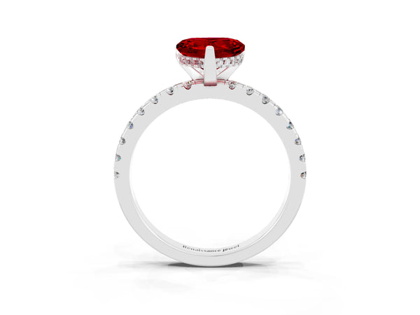 Silver Heart Cut Ruby Solitaire Ring with Round  Pavé Band and Four-Prong Setting