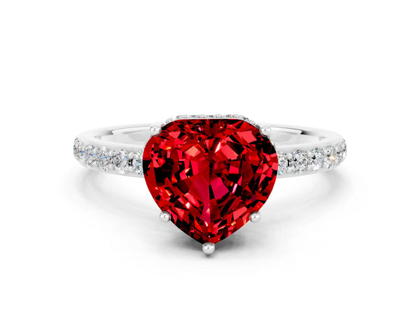 Silver Heart Cut Ruby Solitaire Ring with Pavé Band and Hidden Halo