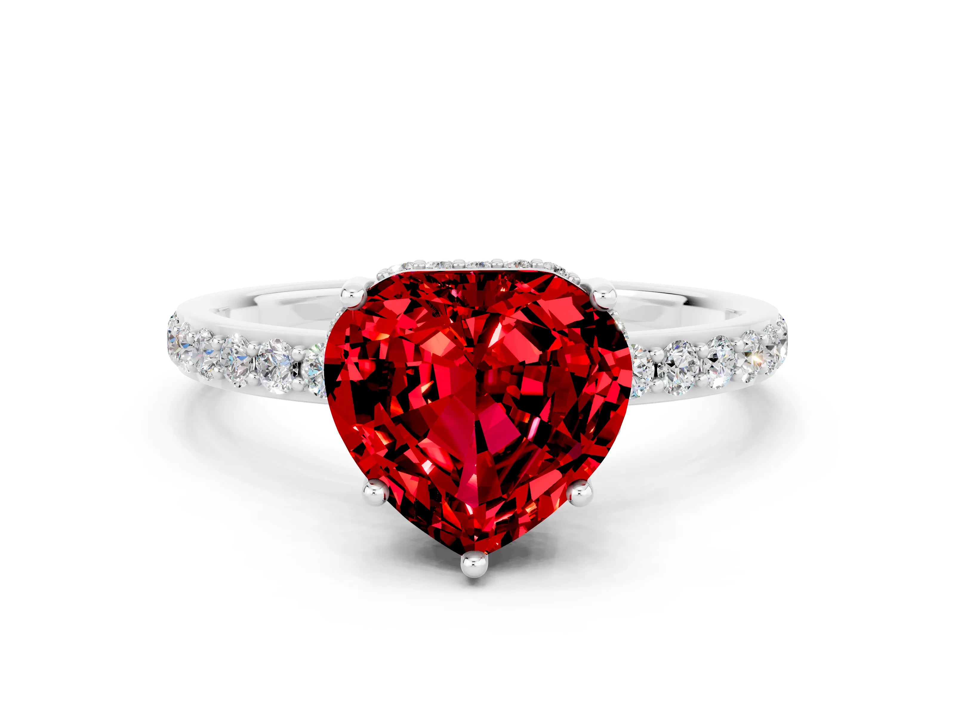 White gold Heart Cut Ruby Solitaire Ring with Pavé Band and Hidden Halo_24