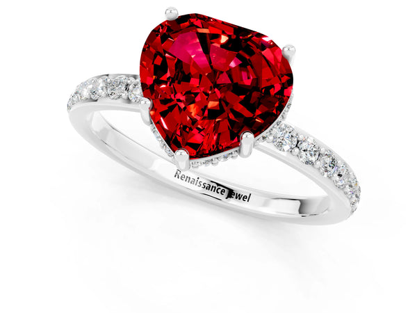White gold Heart Cut Ruby Solitaire Ring with Pavé Band and Hidden Halo