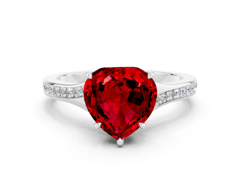 White gold Heart Cut Ruby Solitaire Ring with Pavé Band and Prong Setting_12
