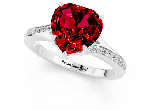 White gold Heart Cut Ruby Solitaire Ring with Pavé Band and Prong Setting_1