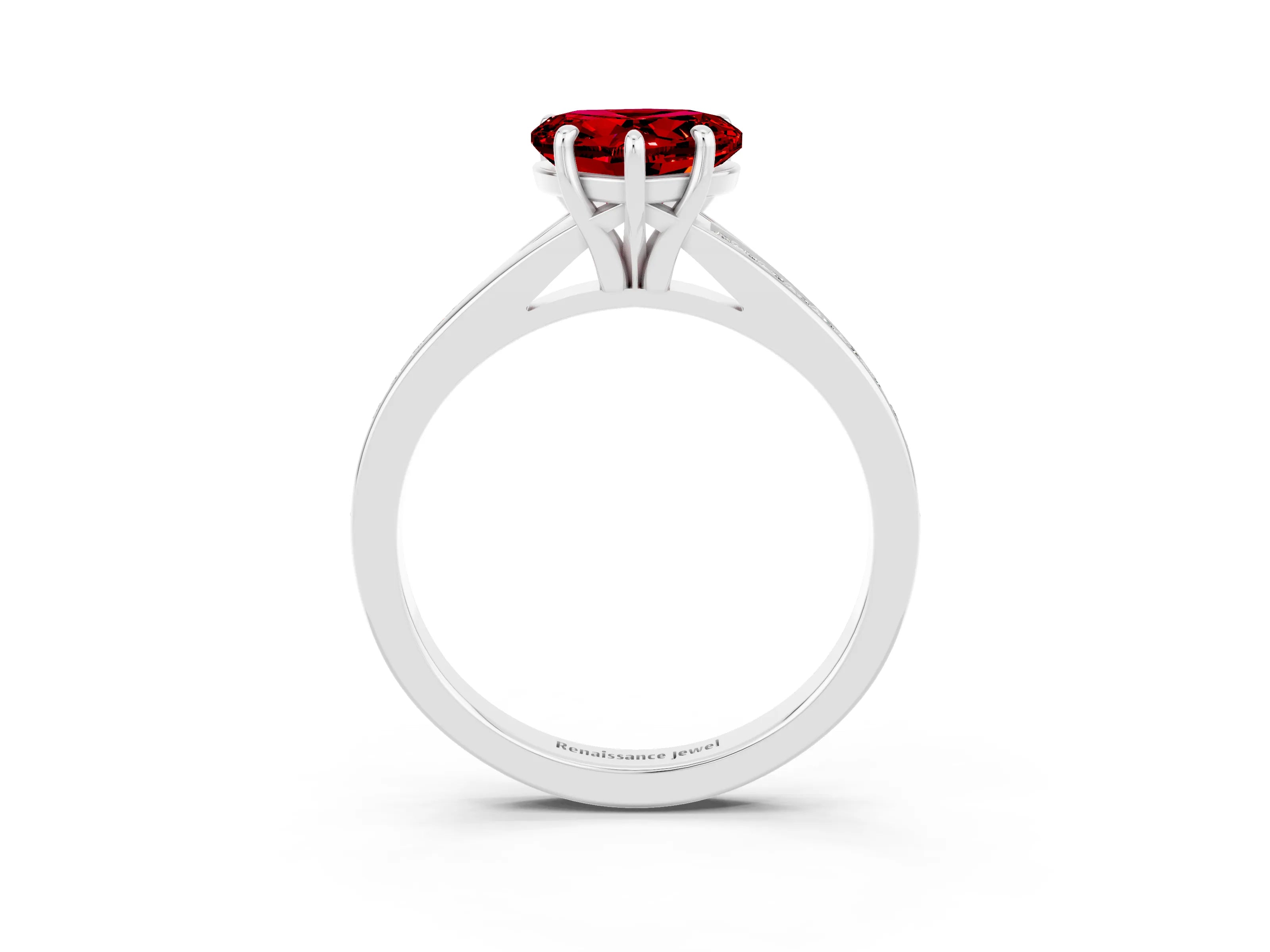 White gold Heart Cut Ruby Solitaire Ring with Pavé Band and Prong Setting_3