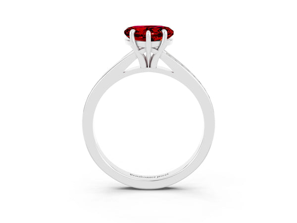 Silver Heart Cut Ruby Solitaire Ring with Pavé Band and Prong Setting