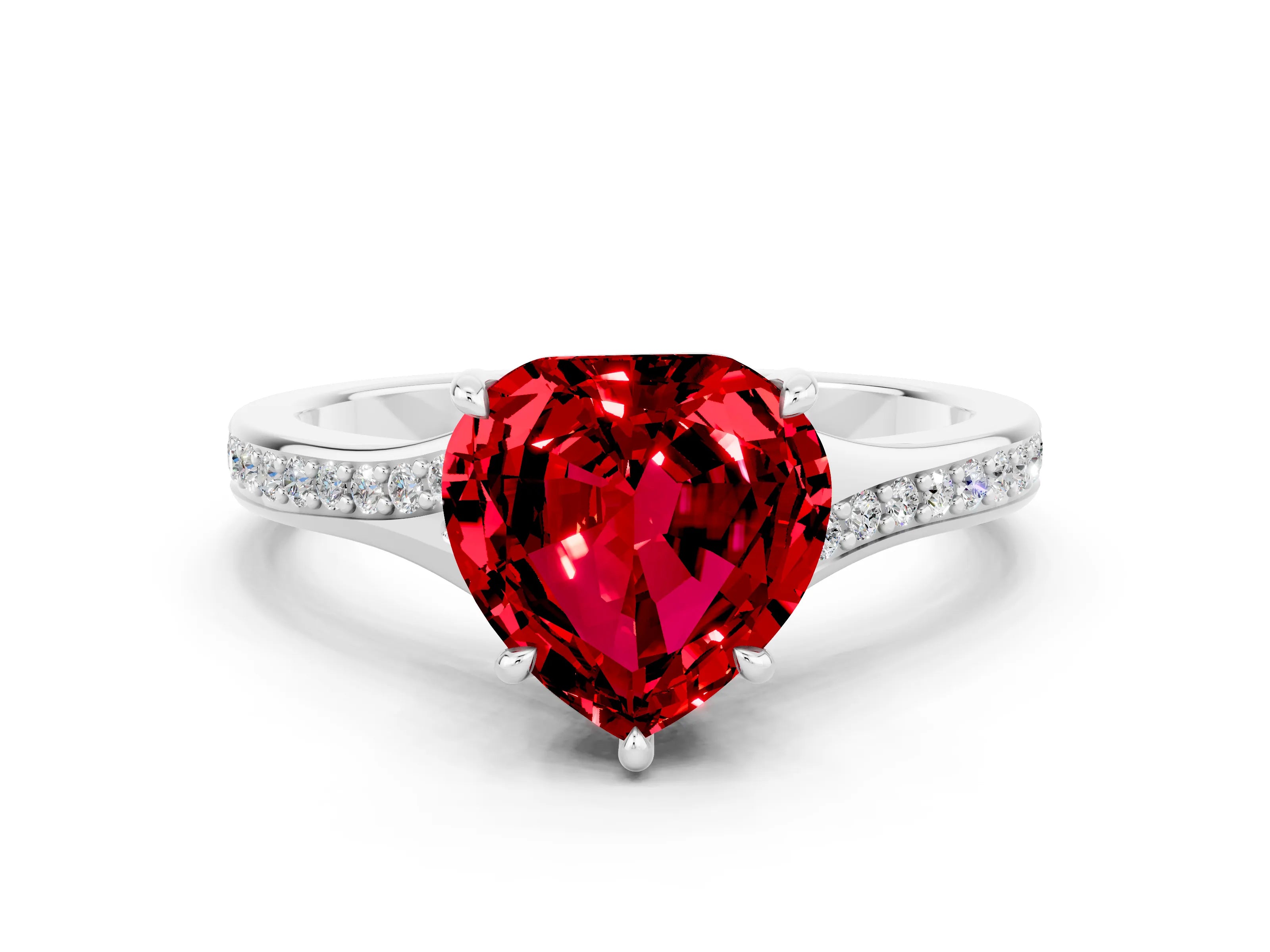 White gold Heart Cut Ruby Solitaire Ring with Pavé Band and Prong Setting