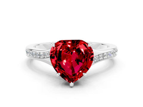 White gold Heart Cut Ruby Solitaire Ring with Pavé Band and Prong Setting