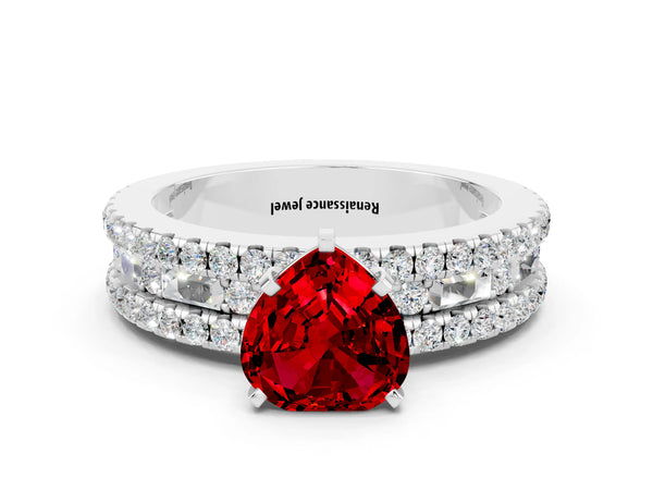Platinum Heart Cut Ruby Solitaire Ring with Pavé and Channel Set Band