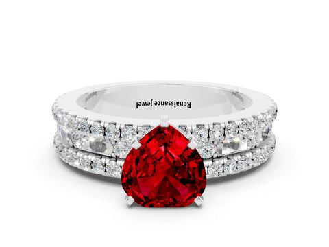 White gold Heart Cut Ruby Solitaire Ring with Pavé and Channel Set Band