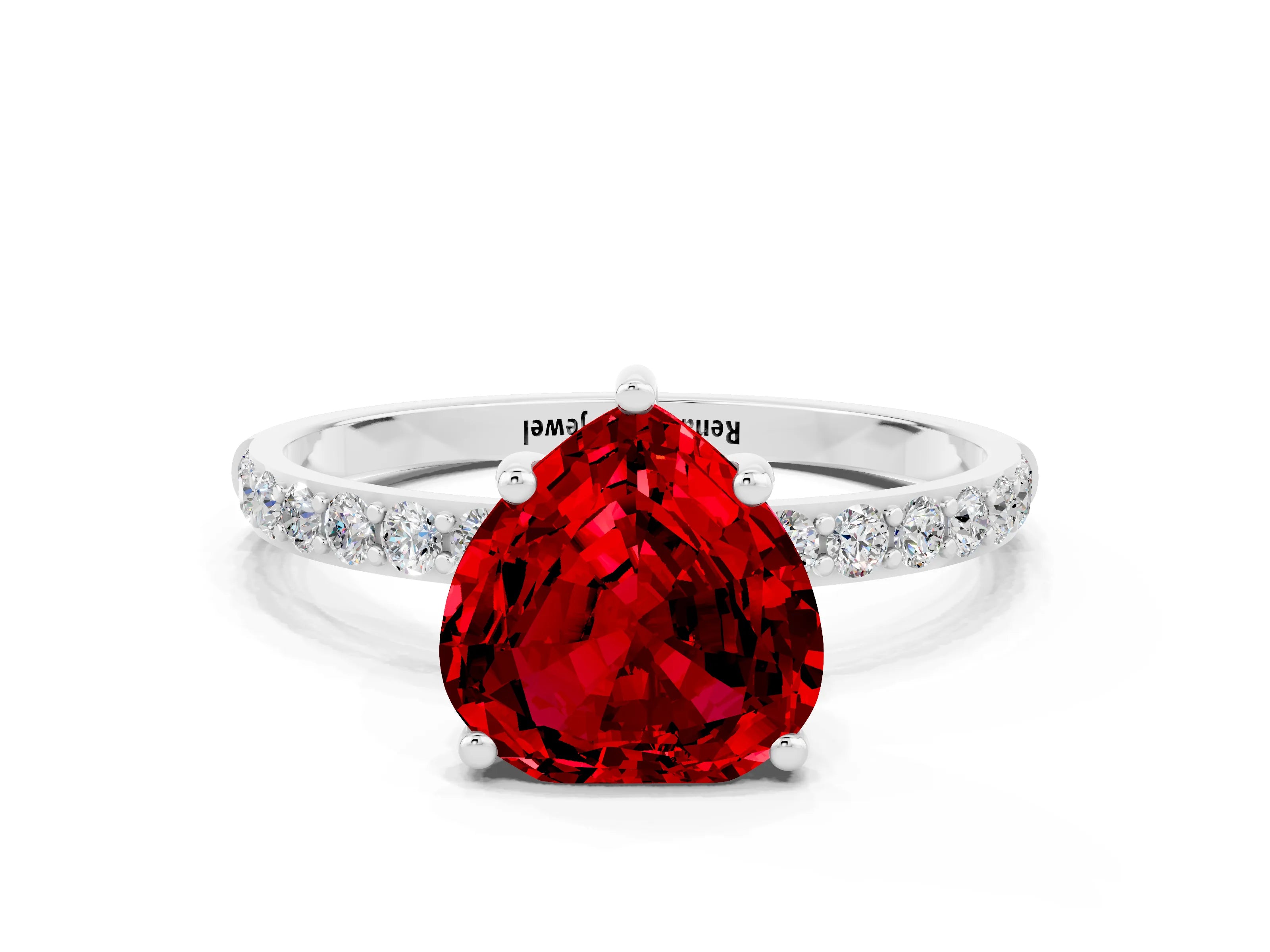White gold Heart Cut Ruby Solitaire Ring with Pave Band and Four Prong Setting_24