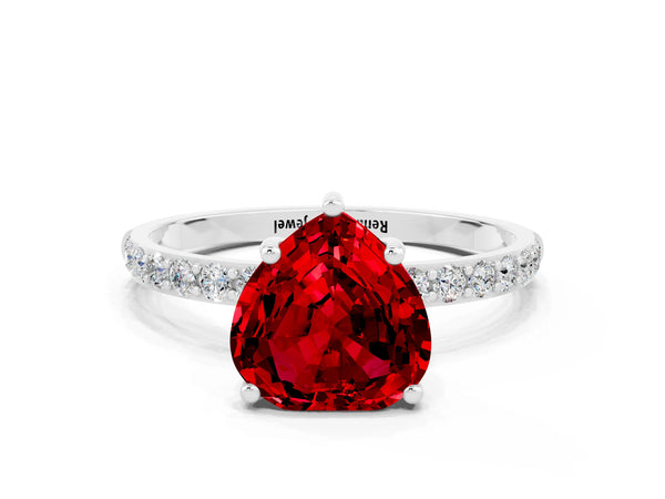 Silver Heart Cut Ruby Solitaire Ring with Round  Pavé Band and Prong Setting
