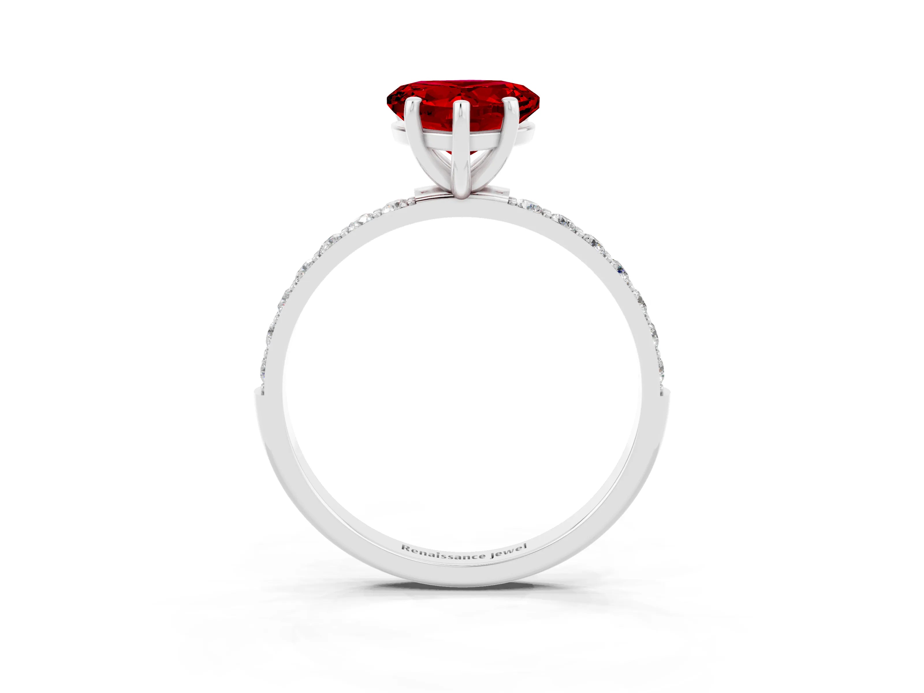 White gold Heart Cut Ruby Solitaire Ring with Pave Band and Four Prong Setting_27