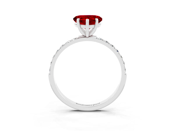 White gold Heart Cut Ruby Solitaire Ring with Round  Pavé Band and Prong Setting