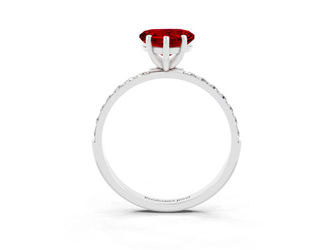 White gold Heart Cut Ruby Solitaire Ring with Pave Band and Four Prong Setting_27