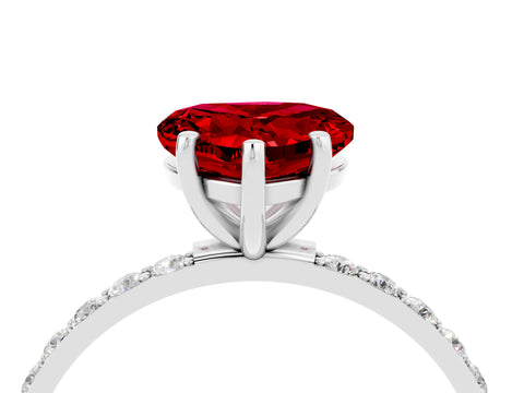 White gold Heart Cut Ruby Solitaire Ring with Pave Band and Four Prong Setting_28