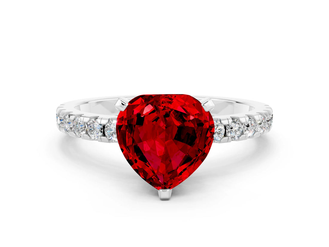 White gold Heart Cut Ruby Solitaire Ring with Round  Pavé Band and Four-Prong Setting_48