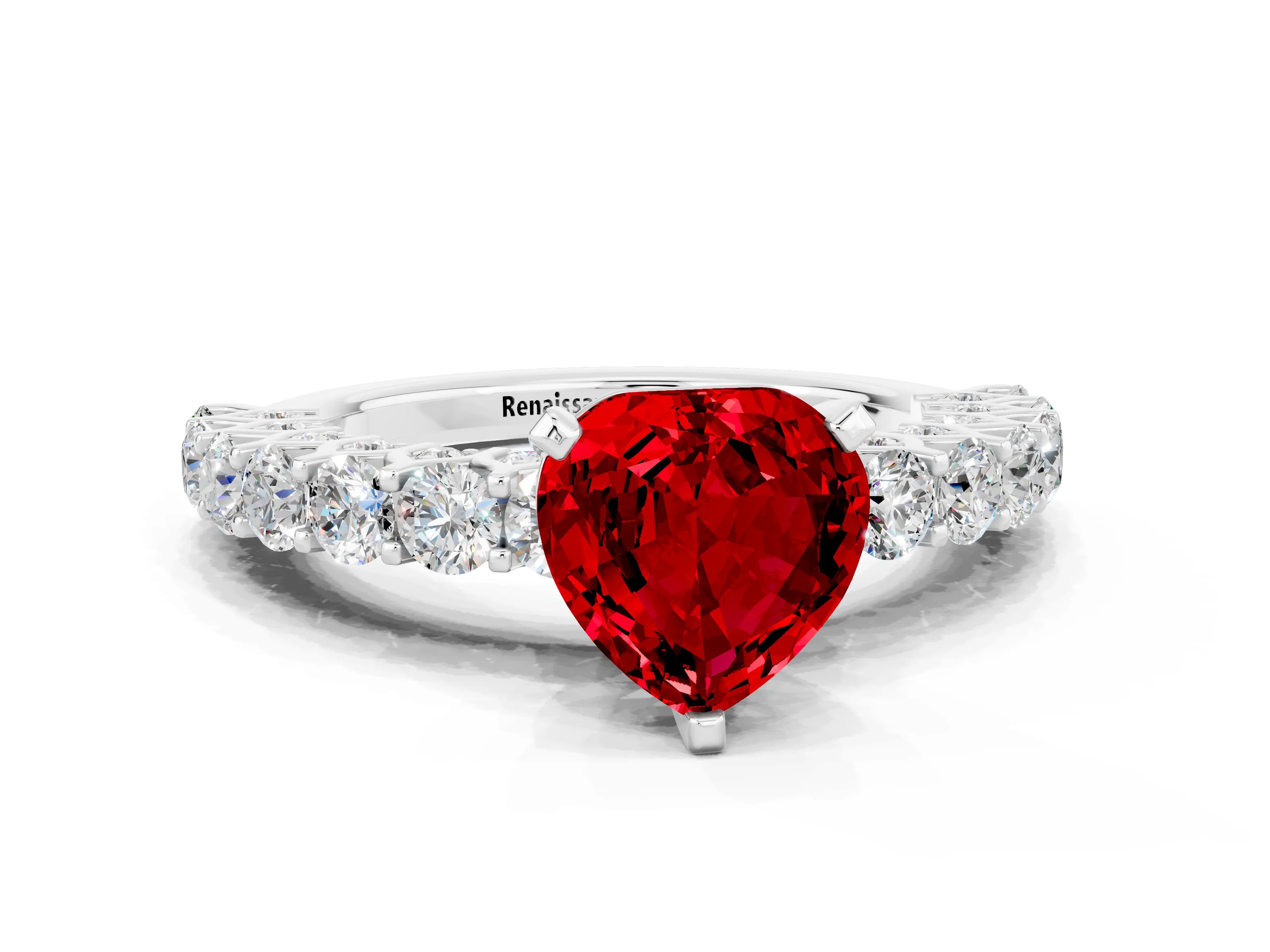 White gold Heart Cut Ruby Solitaire Ring with Shared Prong Pavé Band and Four-Prong Setting