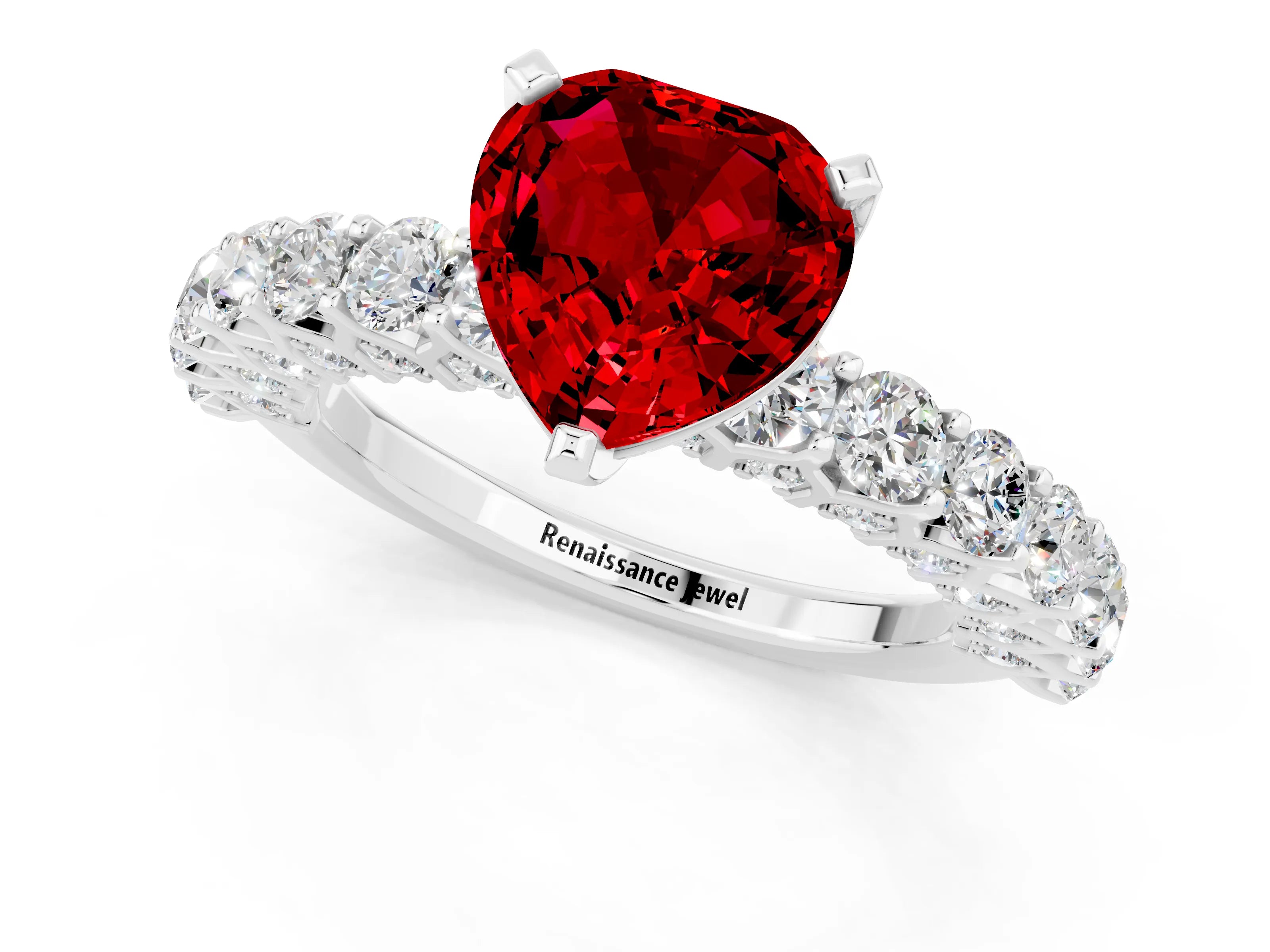 White gold Heart Cut Ruby Solitaire Ring with Shared Prong Pavé Band and Four-Prong Setting_1