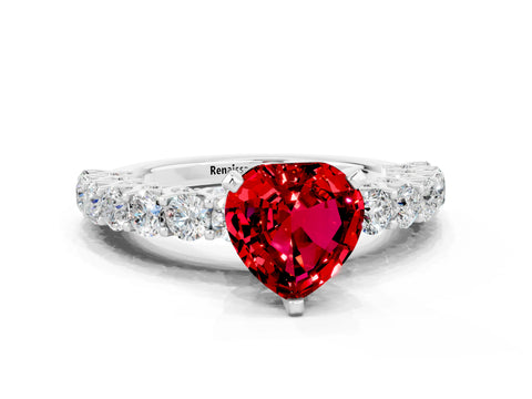 White gold Heart Cut Ruby Solitaire Ring with Shared Prong Pavé Band and Four-Prong Setting_12