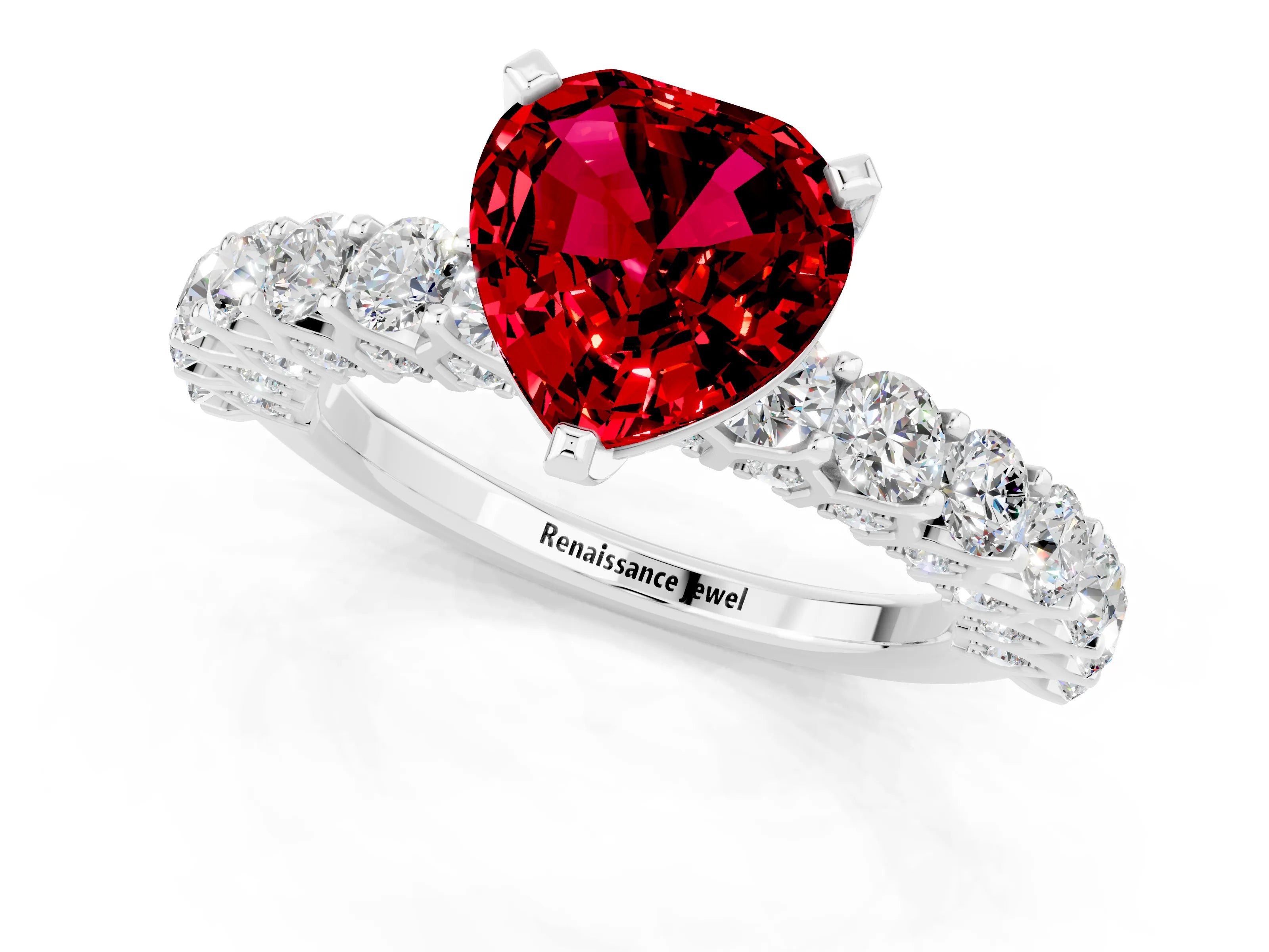 White gold Heart Cut Ruby Solitaire Ring with Shared Prong Pavé Band and Four-Prong Setting_13
