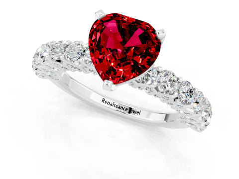 White gold Heart Cut Ruby Solitaire Ring with Shared Prong Pavé Band and Four-Prong Setting_13
