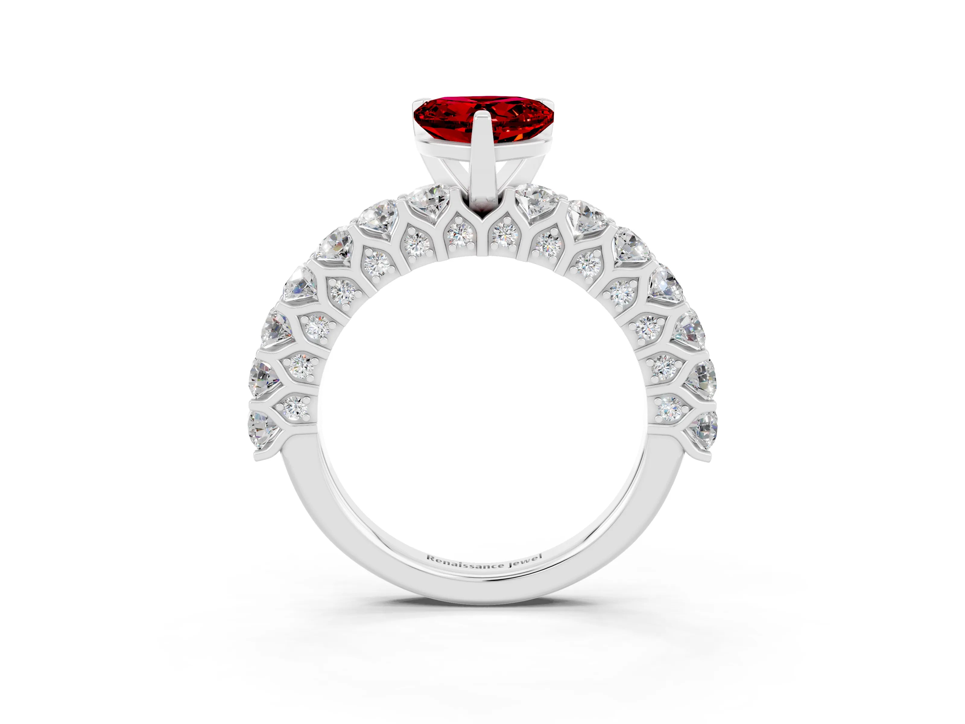 White gold Heart Cut Ruby Solitaire Ring with Shared Prong Pavé Band and Four-Prong Setting_15