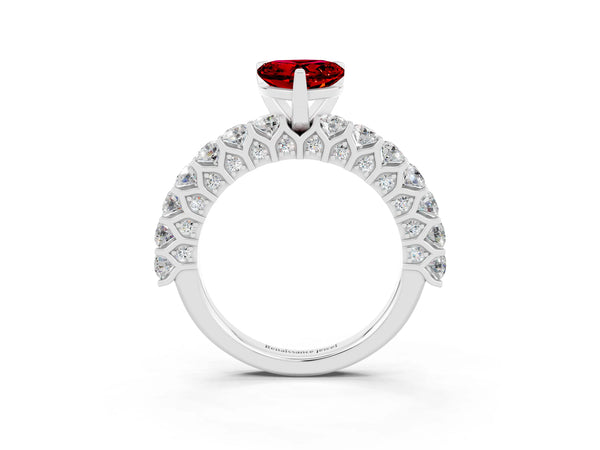 Silver Heart Cut Ruby Solitaire Ring with Shared Prong Pavé Band and Four-Prong Setting