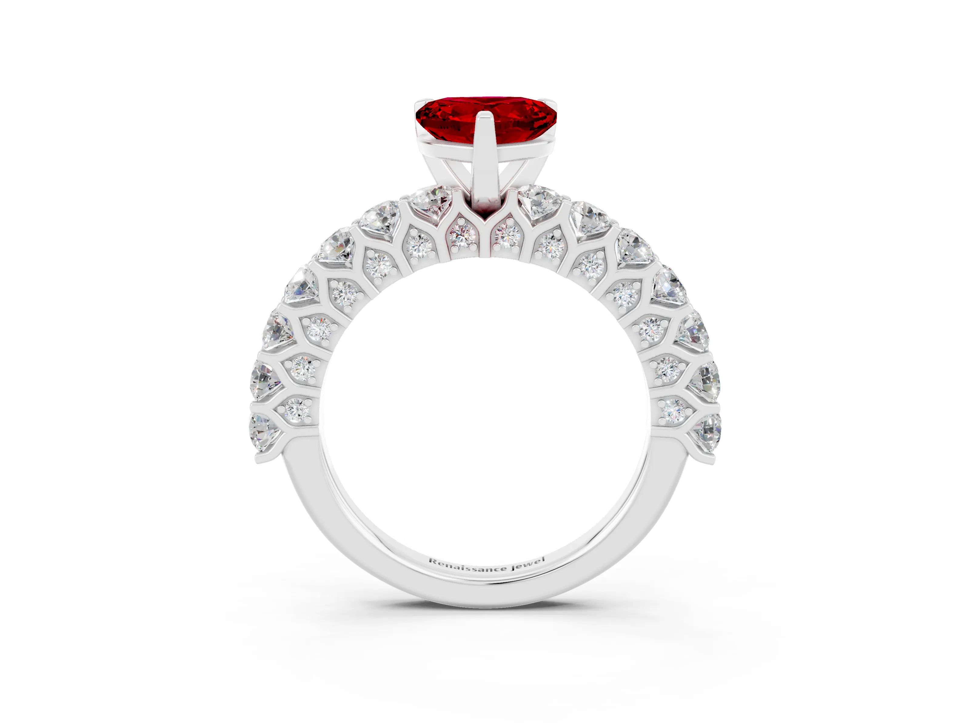 White gold Heart Cut Ruby Solitaire Ring with Shared Prong Pavé Band and Four-Prong Setting_3