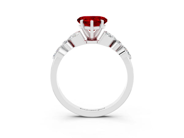 Silver Heart Cut Ruby Solitaire Ring with Side Stones and Four-Prong Setting