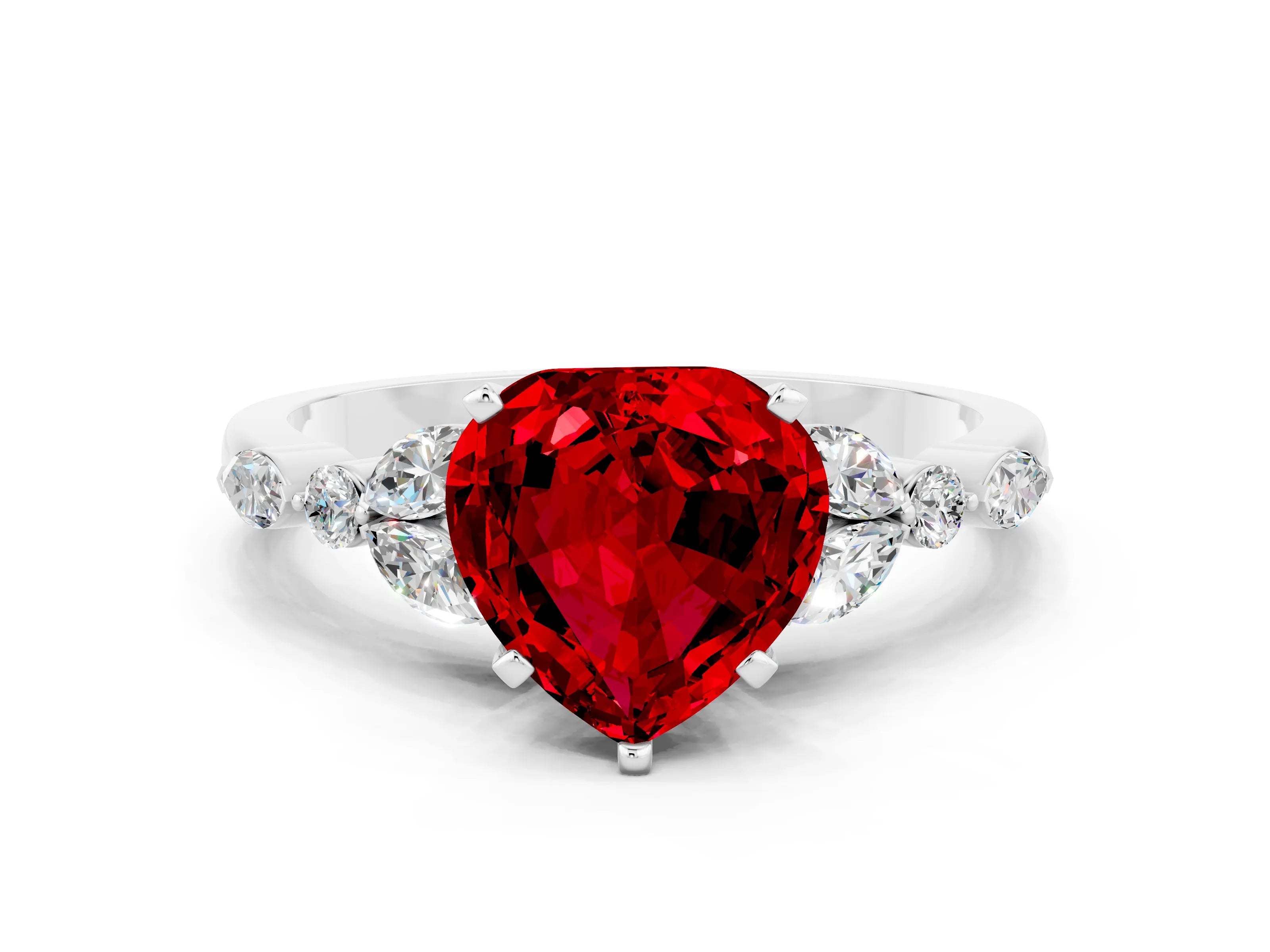 White gold Heart Cut Ruby Solitaire Ring with Side Stones and Four-Prong Setting_42