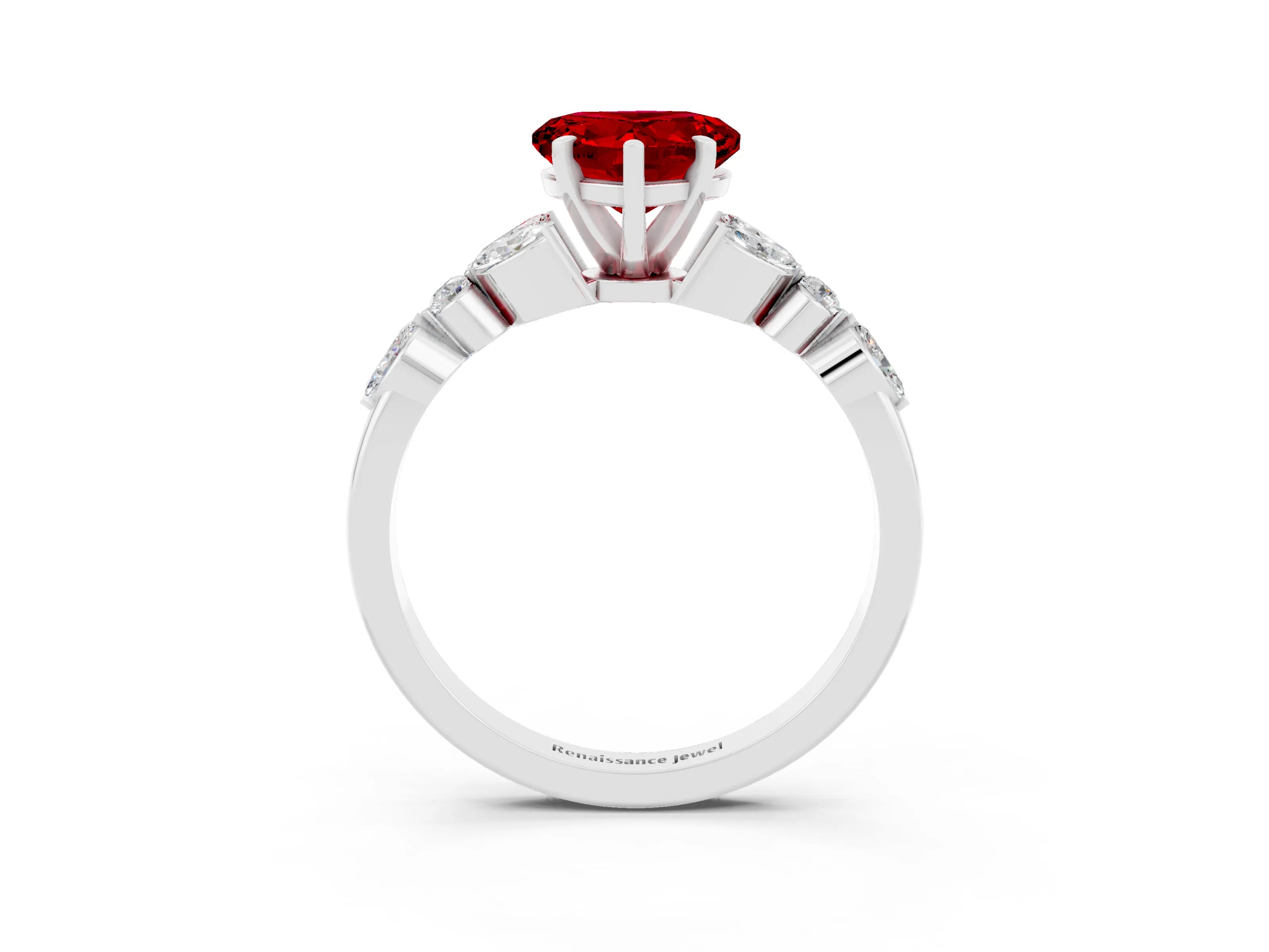 White gold Heart Cut Ruby Solitaire Ring with Side Stones and Four-Prong Setting_45