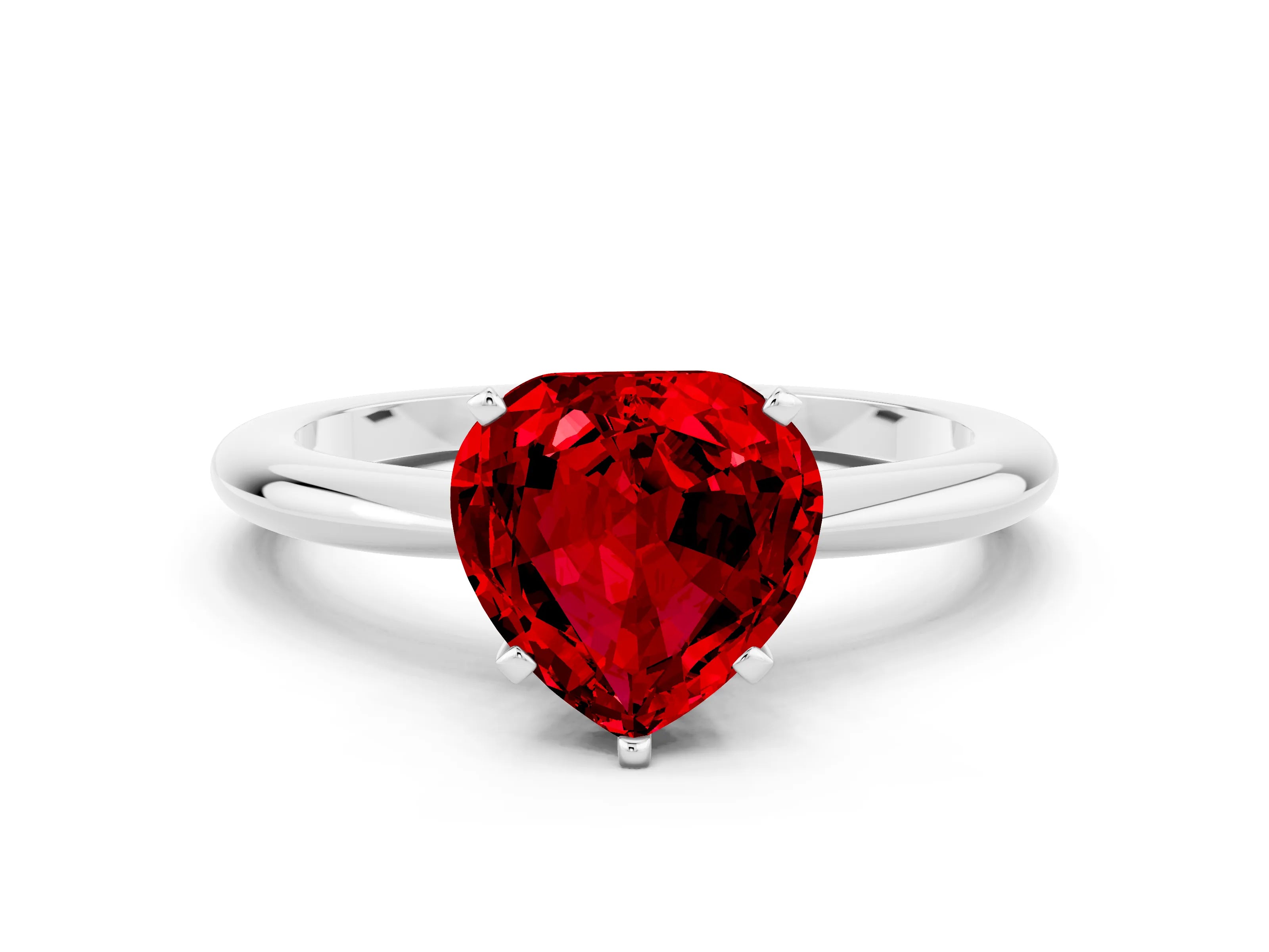 White gold Heart Cut Ruby Solitaire Ring with Six-Prong Setting and Classic Band