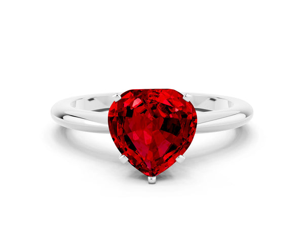 Platinum Heart Cut Ruby Solitaire Ring with Six-Prong Setting and Classic Band