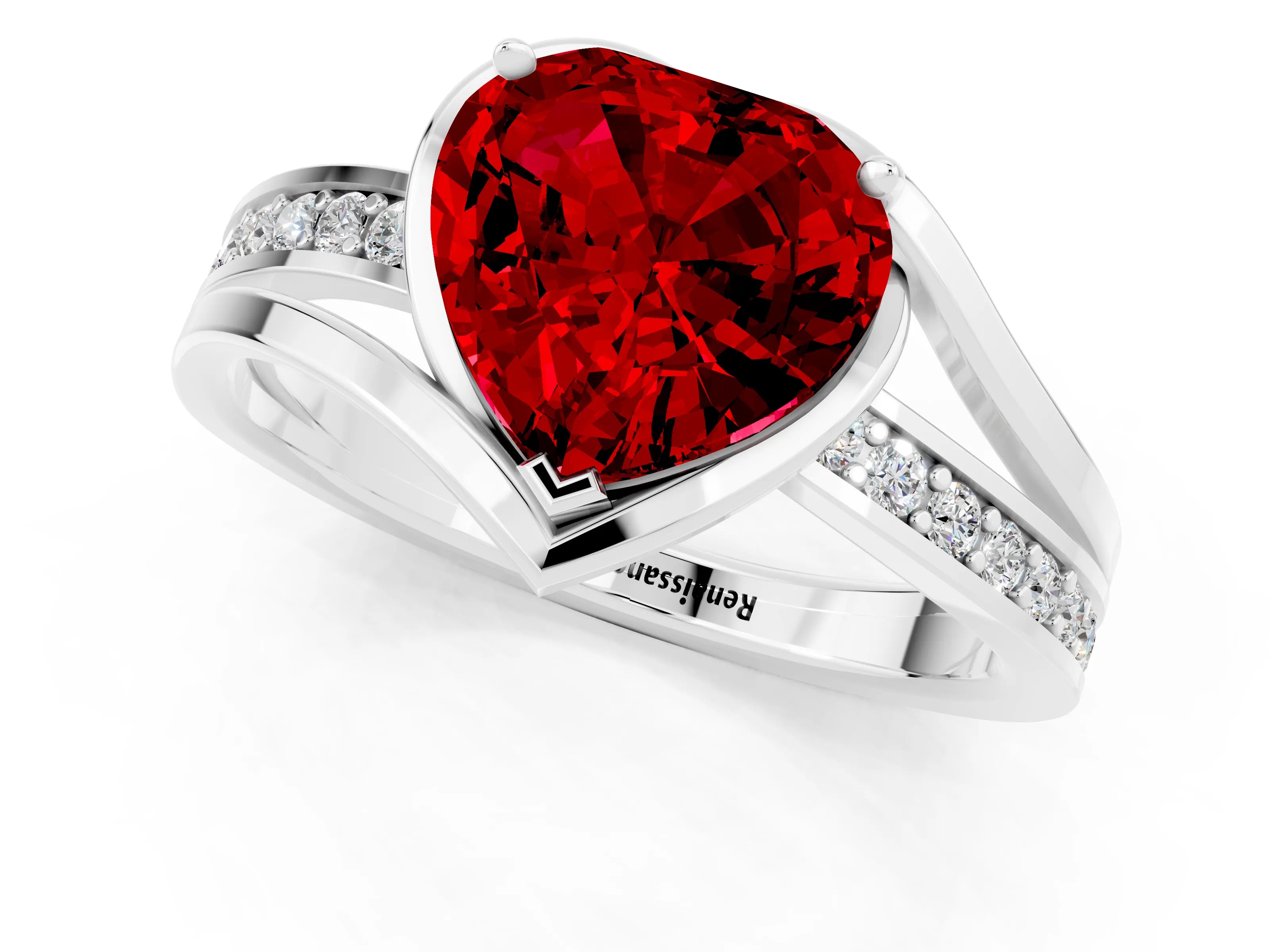 White gold Heart Cut Ruby Solitaire Ring with Split Shank and Prong Setting_1