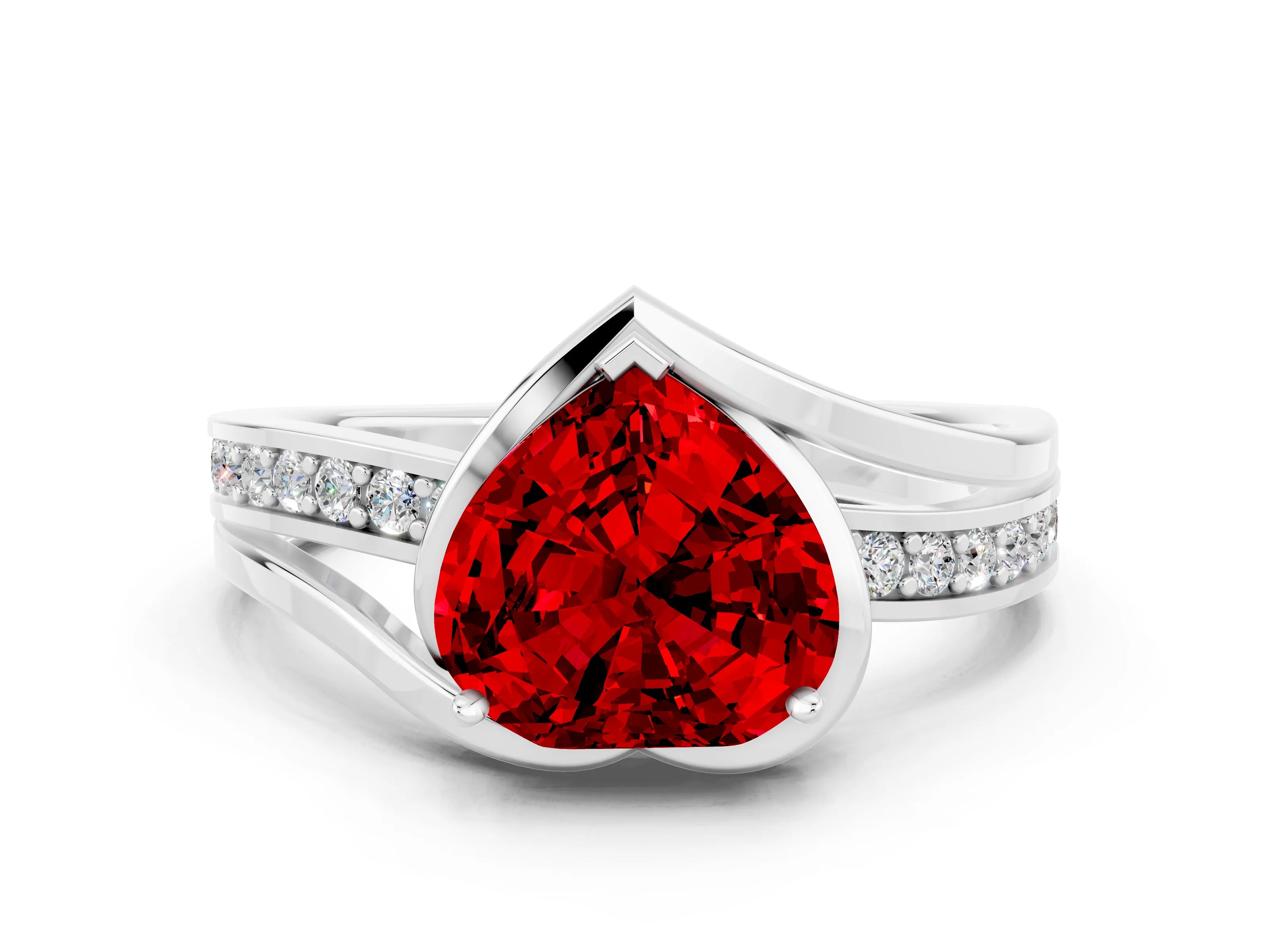 White gold Heart Cut Ruby Solitaire Ring with Split Shank and Prong Setting