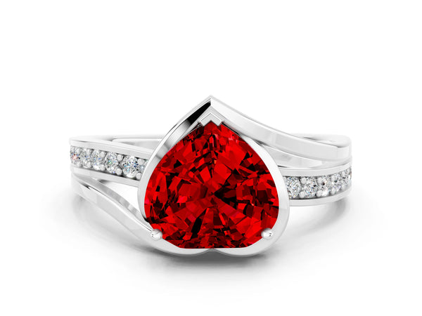 White gold Heart Cut Ruby Solitaire Ring with Split Shank and Prong Setting