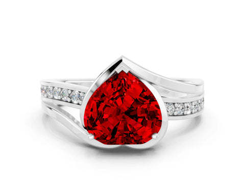 White gold Heart Cut Ruby Solitaire Ring with Split Shank and Prong Setting