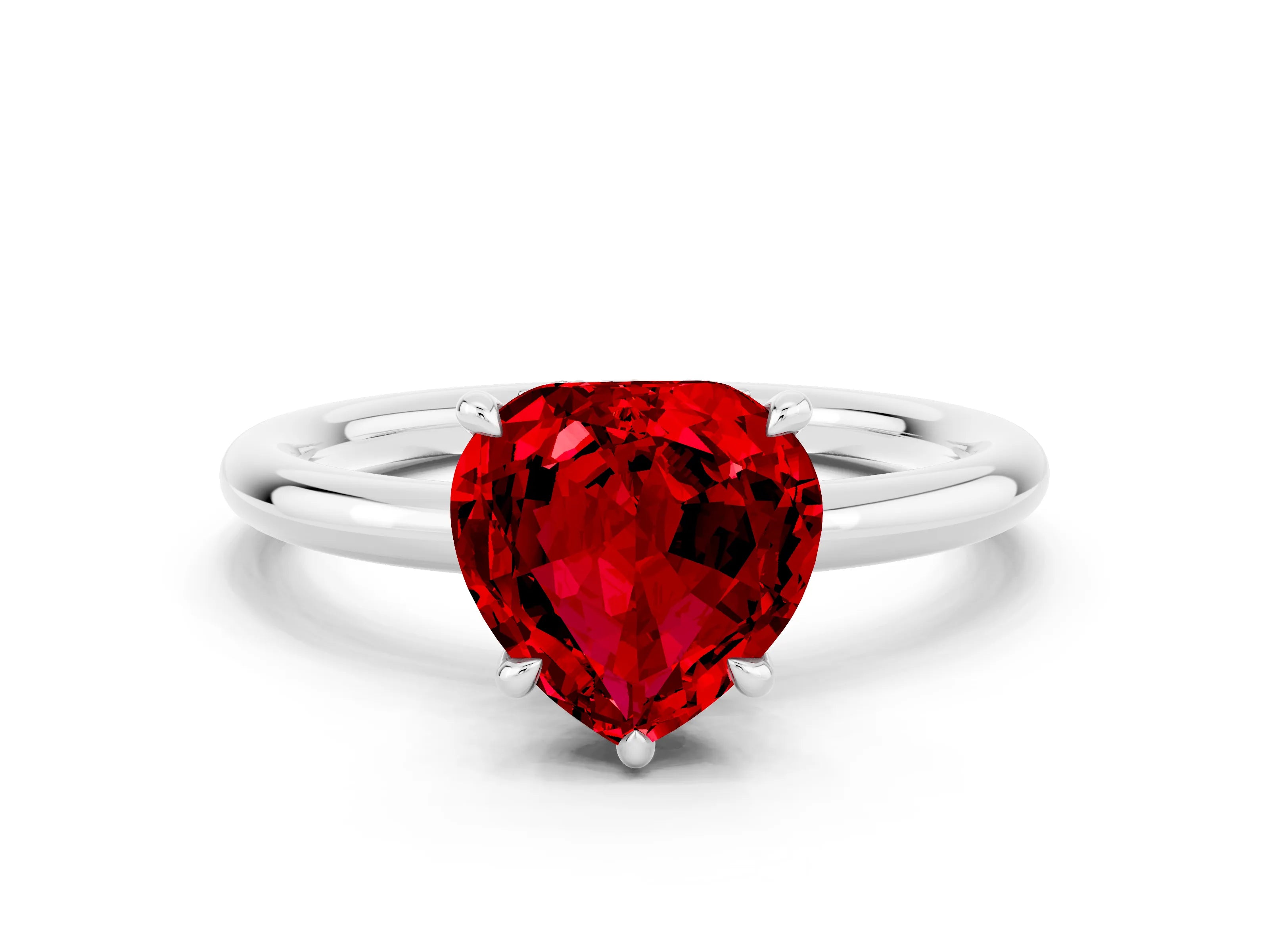 White gold Heart Cut Ruby Solitaire Ring with Thin Band and Four-Prong Setting