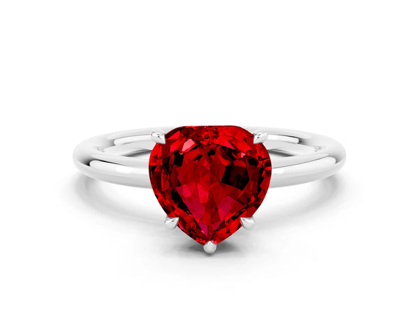 White gold Heart Cut Ruby Solitaire Ring with Thin Band and Four-Prong Setting