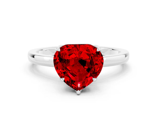 Silver Heart Cut Ruby Solitaire Ring with Thin Band and Prong Setting